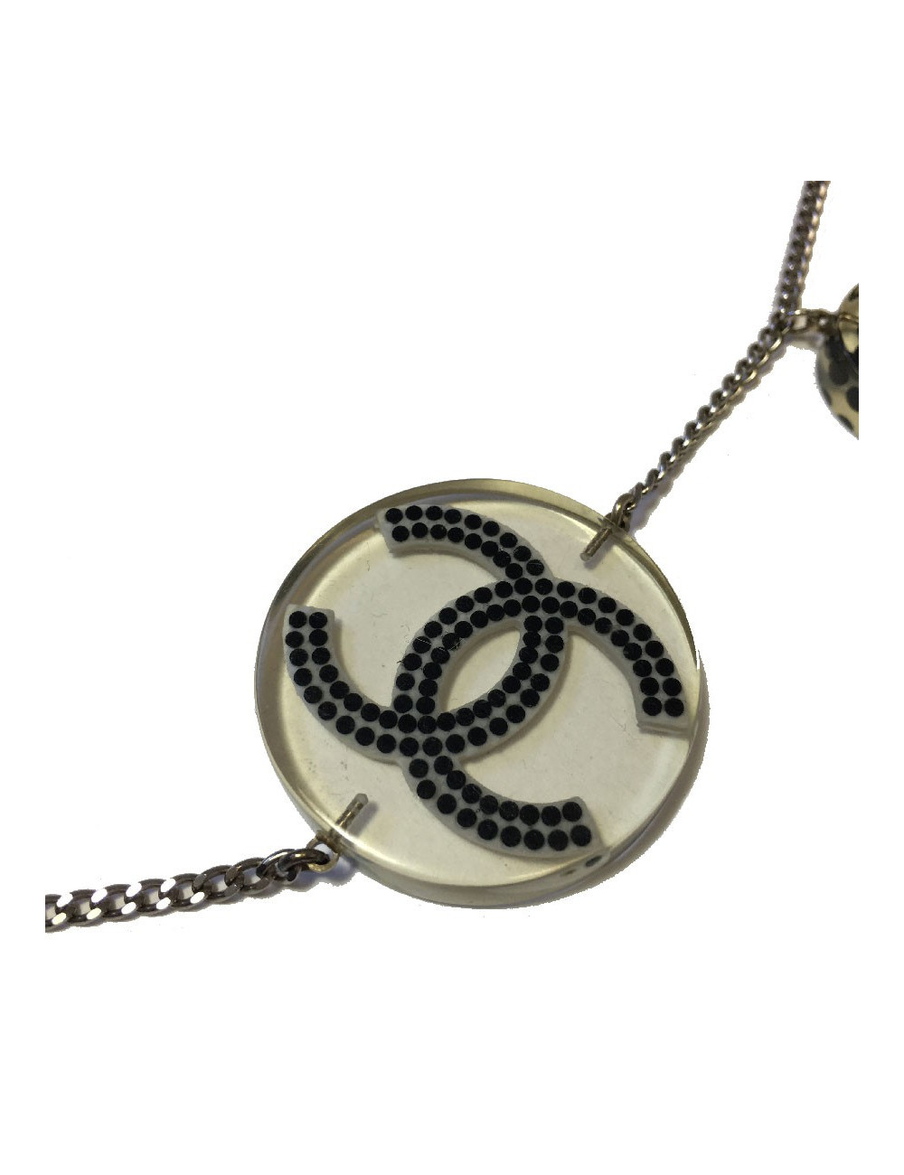 Ceinture sautoir CHANEL en plexi transparent et perles noires