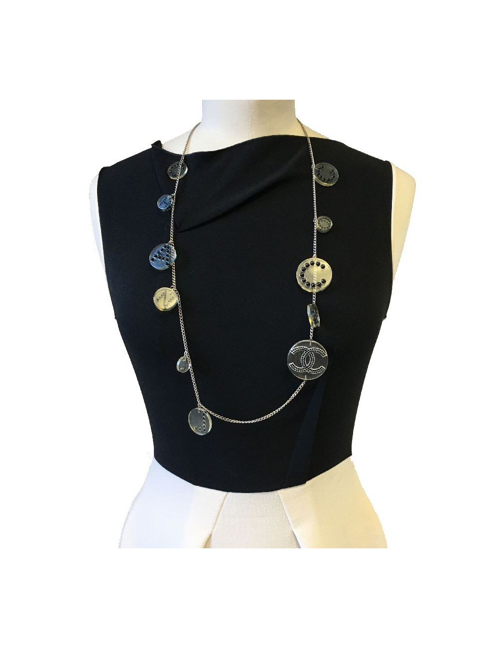 Ceinture sautoir CHANEL en plexi transparent et perles noires