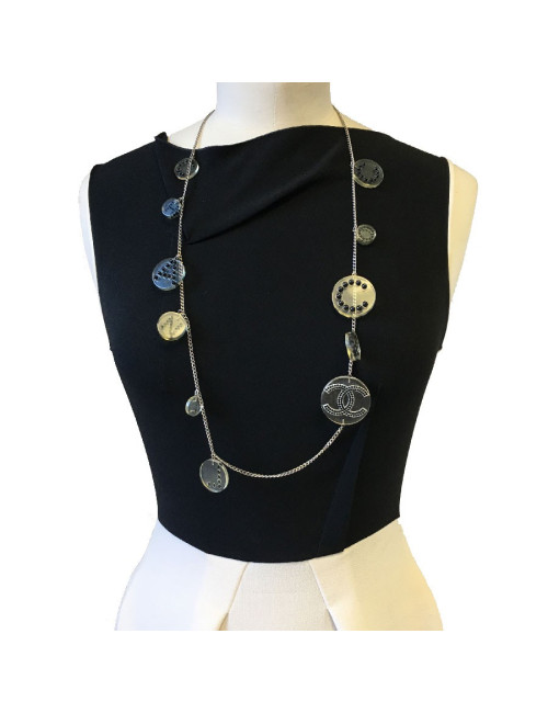 Ceinture sautoir CHANEL en plexi transparent et perles noires