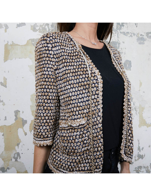 CHANEL vest in gold, navy and ecru knit size 36FR