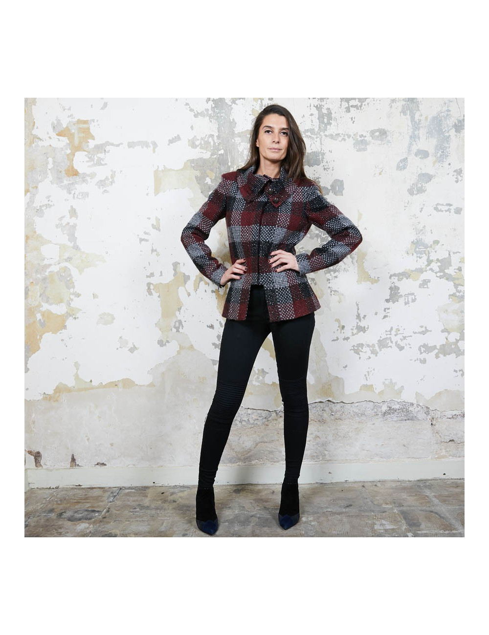 CHANEL jacket in red, silver and black check tweed size 38FR