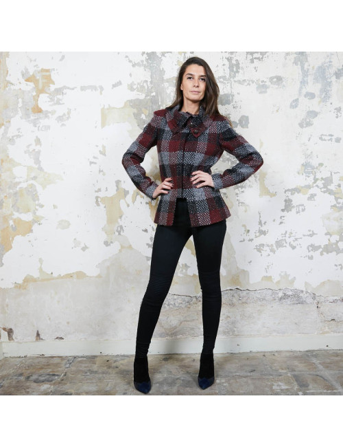 CHANEL jacket in red, silver and black check tweed size 38FR