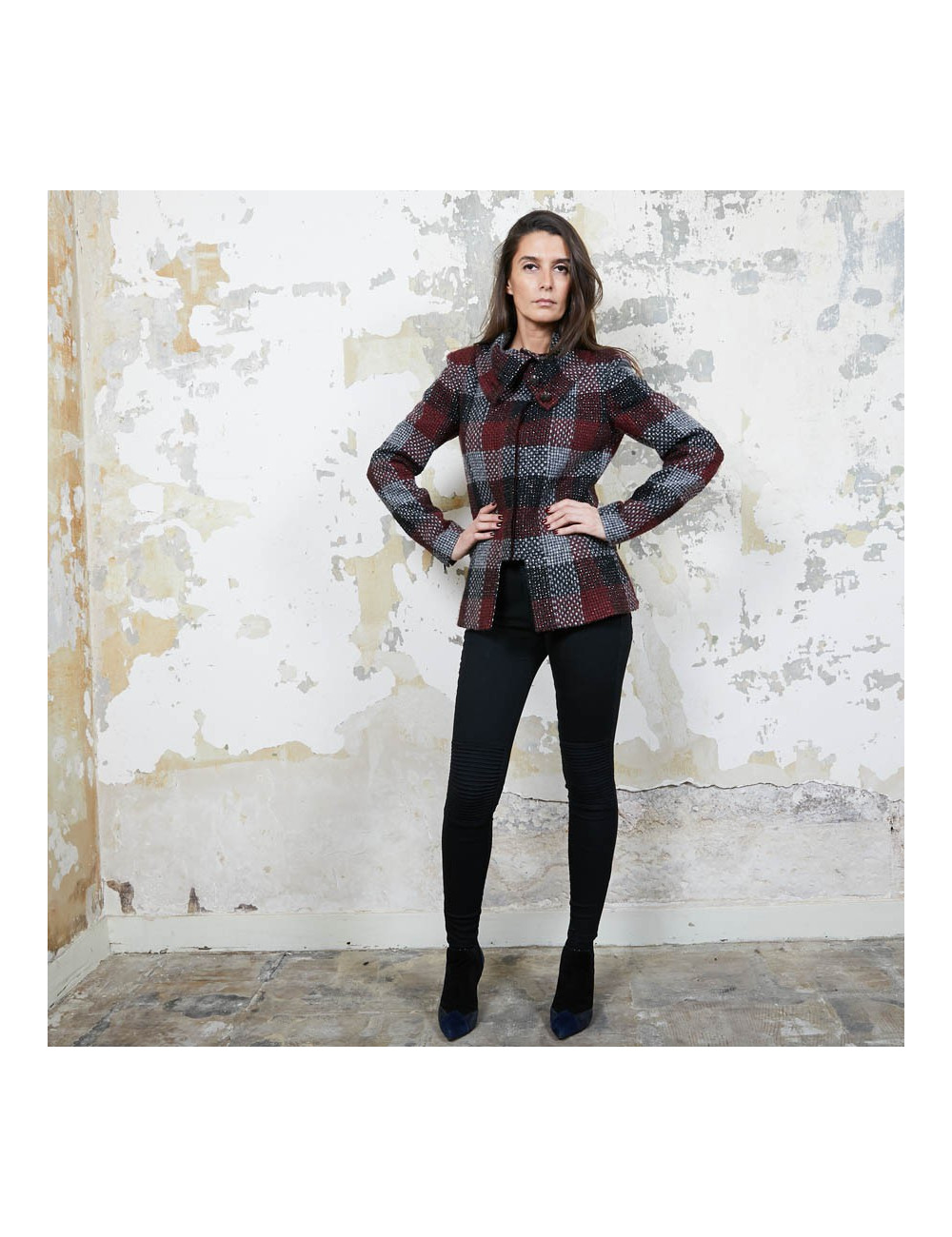 CHANEL jacket in red, silver and black check tweed size 38FR