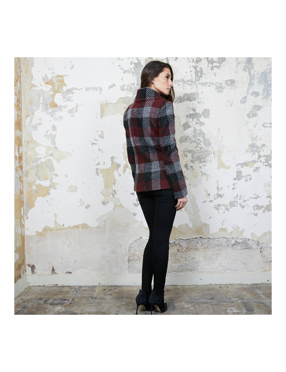 CHANEL jacket in red, silver and black check tweed size 38FR