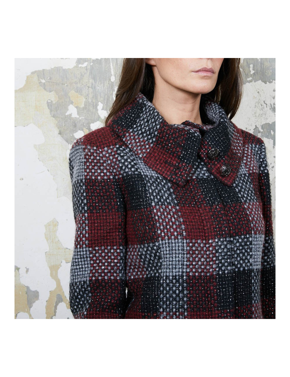 CHANEL jacket in red, silver and black check tweed size 38FR