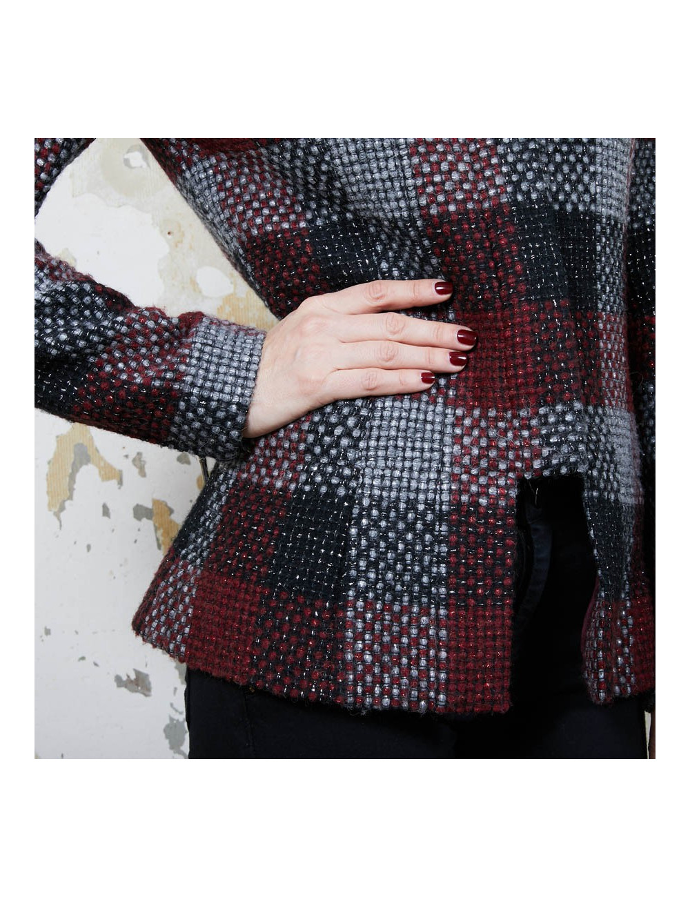 CHANEL jacket in red, silver and black check tweed size 38FR