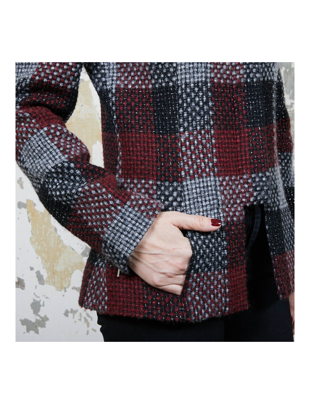 CHANEL jacket in red, silver and black check tweed size 38FR