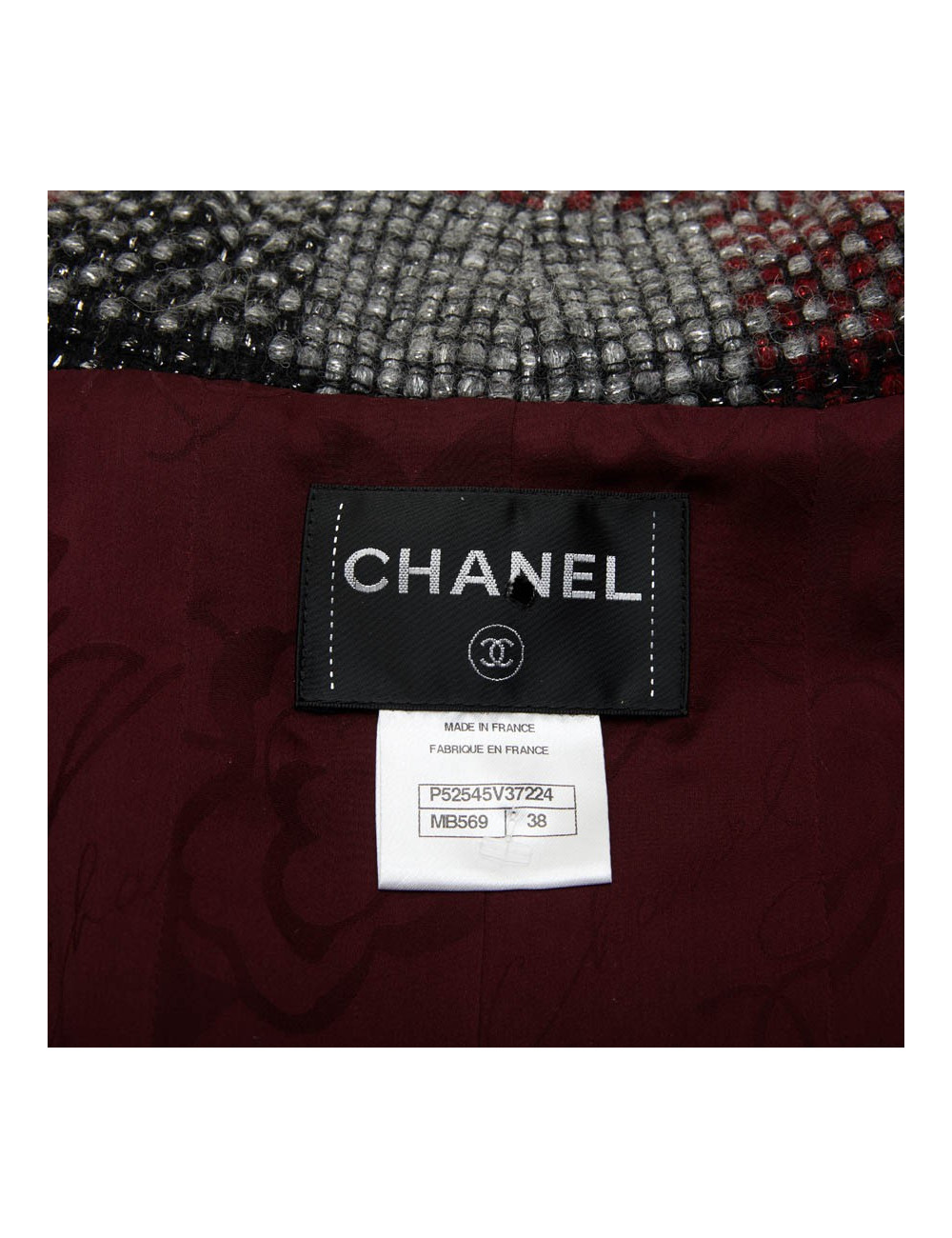 CHANEL jacket in red, silver and black check tweed size 38FR