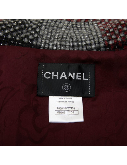 CHANEL jacket in red, silver and black check tweed size 38FR