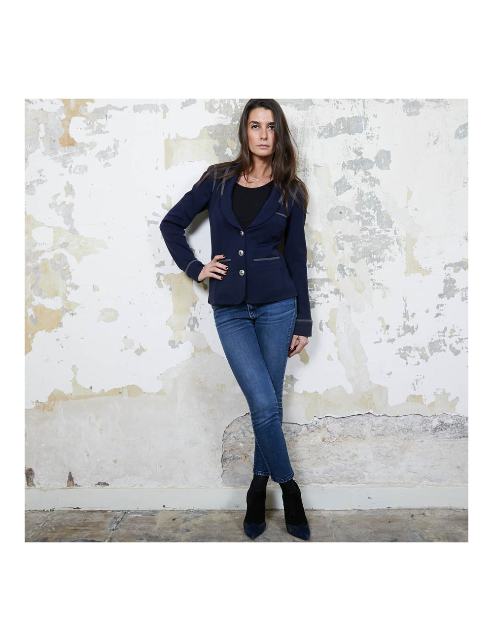 Veste CHANEL T 36 en jersey bleu et liseré gris