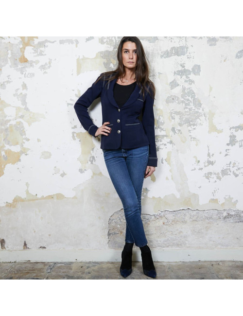 Veste CHANEL T 36 en jersey bleu et liseré gris