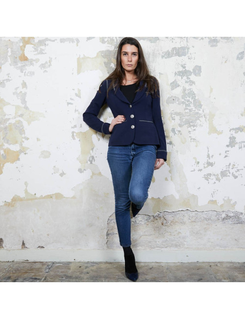 Veste CHANEL T 36 en jersey bleu et liseré gris