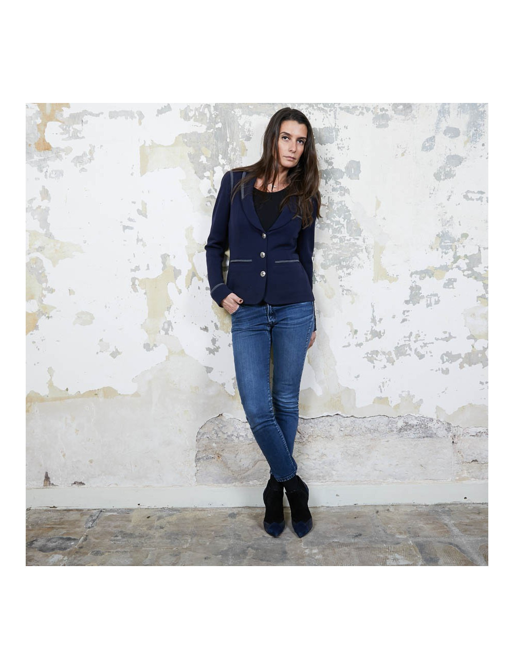 Veste CHANEL T 36 en jersey bleu et liseré gris