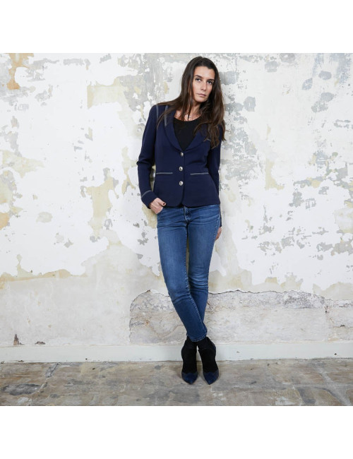 Veste CHANEL T 36 en jersey bleu et liseré gris