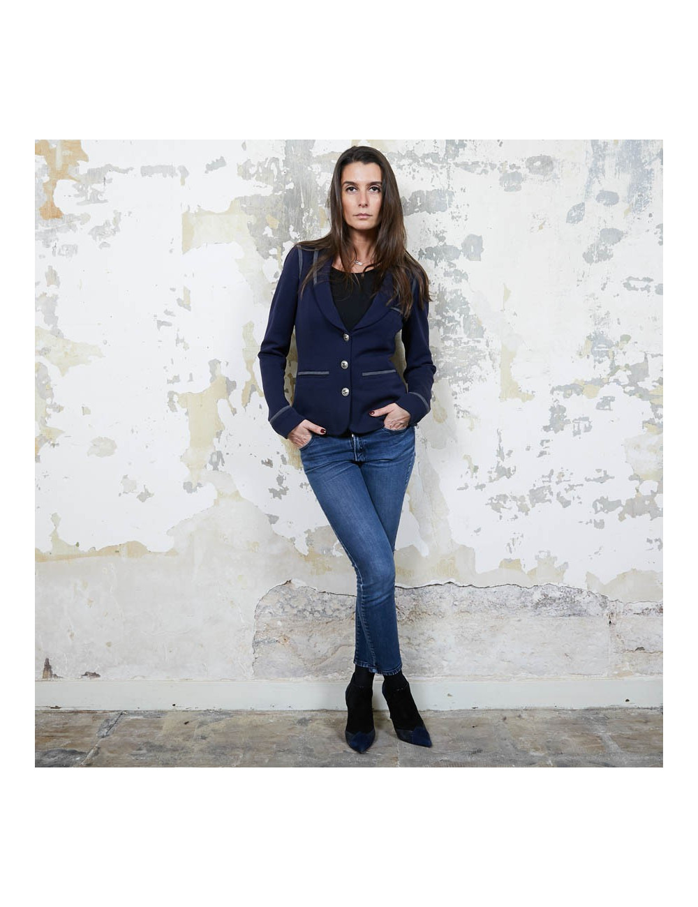 Veste CHANEL T 36 en jersey bleu et liseré gris