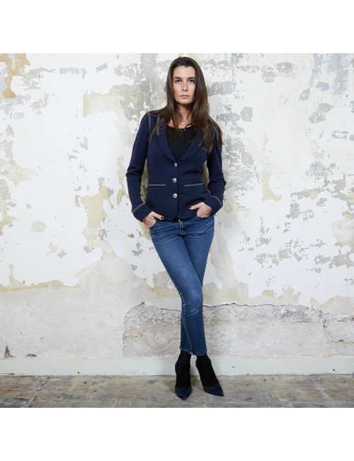 Veste CHANEL T 36 en jersey bleu et liseré gris