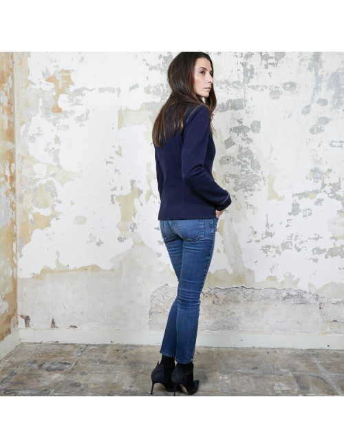 Veste CHANEL T 36 en jersey bleu et liseré gris