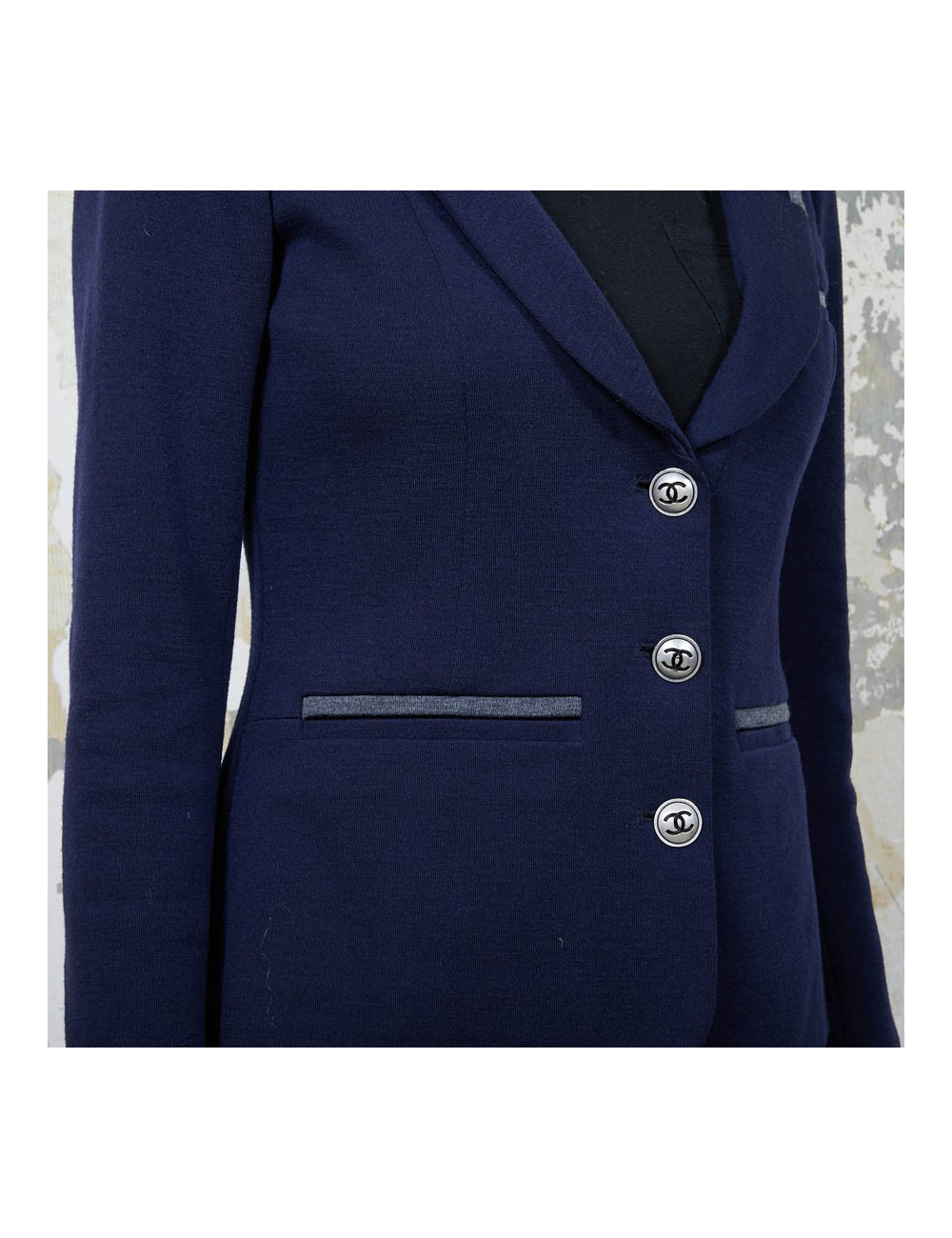 Veste CHANEL T 36 en jersey bleu et liseré gris