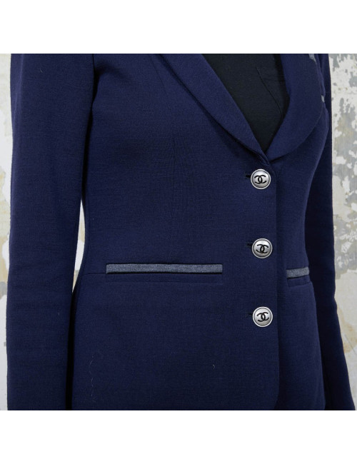 Veste CHANEL T 36 en jersey bleu et liseré gris