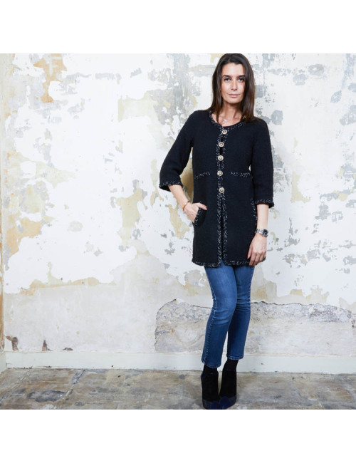 CHANEL iconic long jacket in black tweed size 34FR