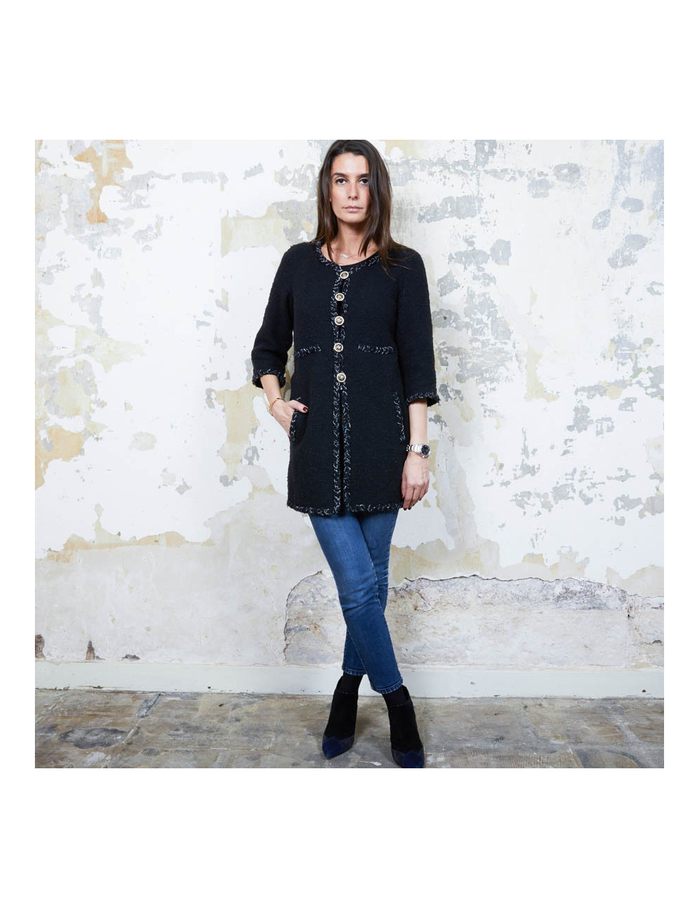 CHANEL iconic long jacket in black tweed size 34FR