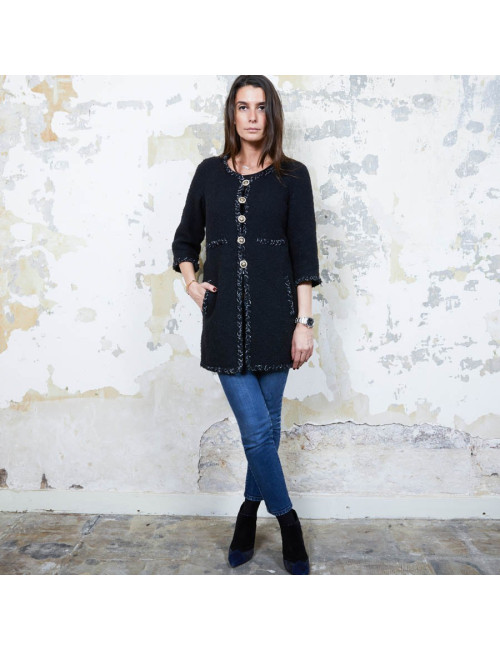 CHANEL iconic long jacket in black tweed size 34FR
