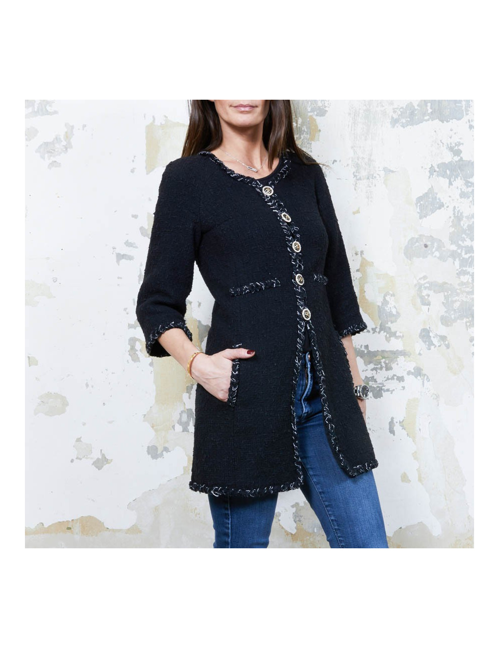 CHANEL iconic long jacket in black tweed size 34FR