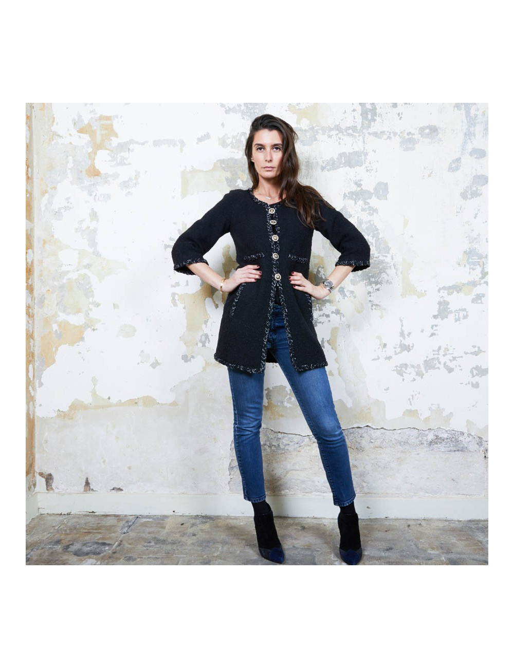 CHANEL iconic long jacket in black tweed size 34FR