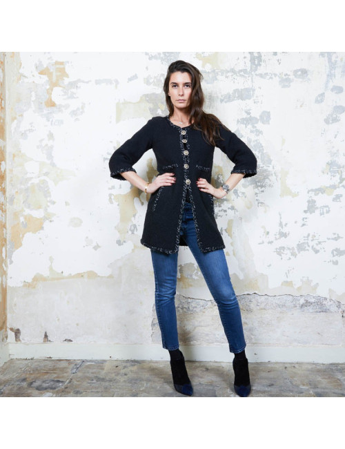 CHANEL iconic long jacket in black tweed size 34FR