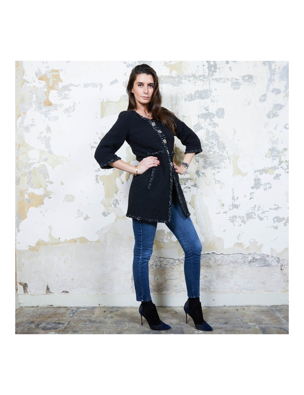 CHANEL iconic long jacket in black tweed size 34FR