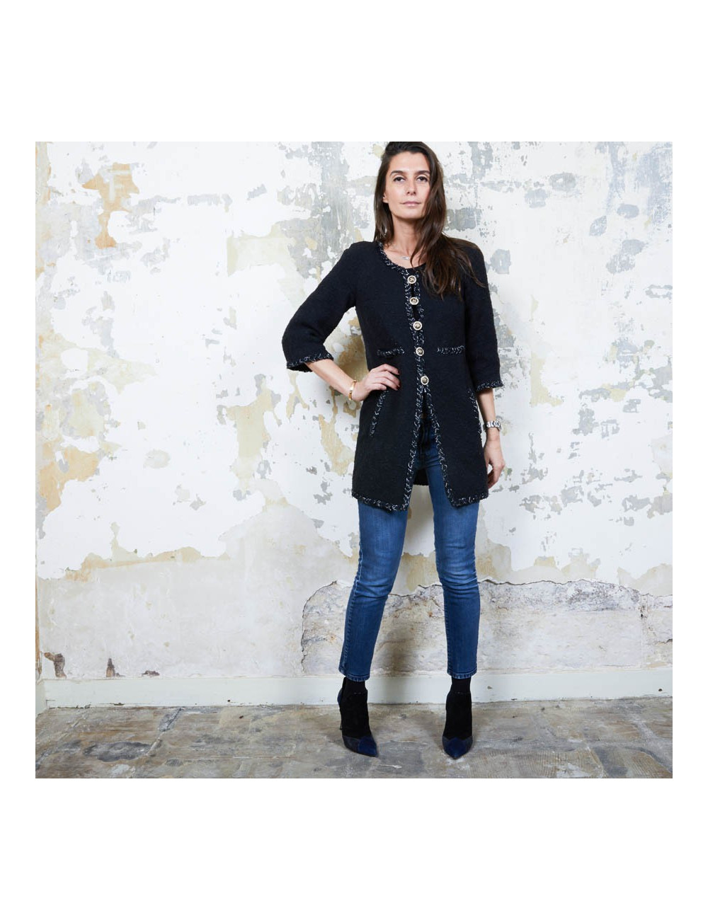 CHANEL iconic long jacket in black tweed size 34FR