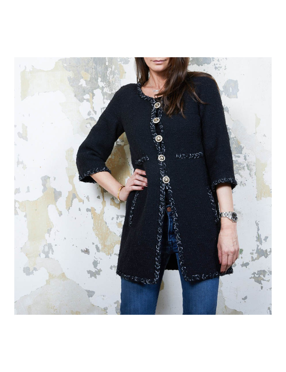 CHANEL iconic long jacket in black tweed size 34FR