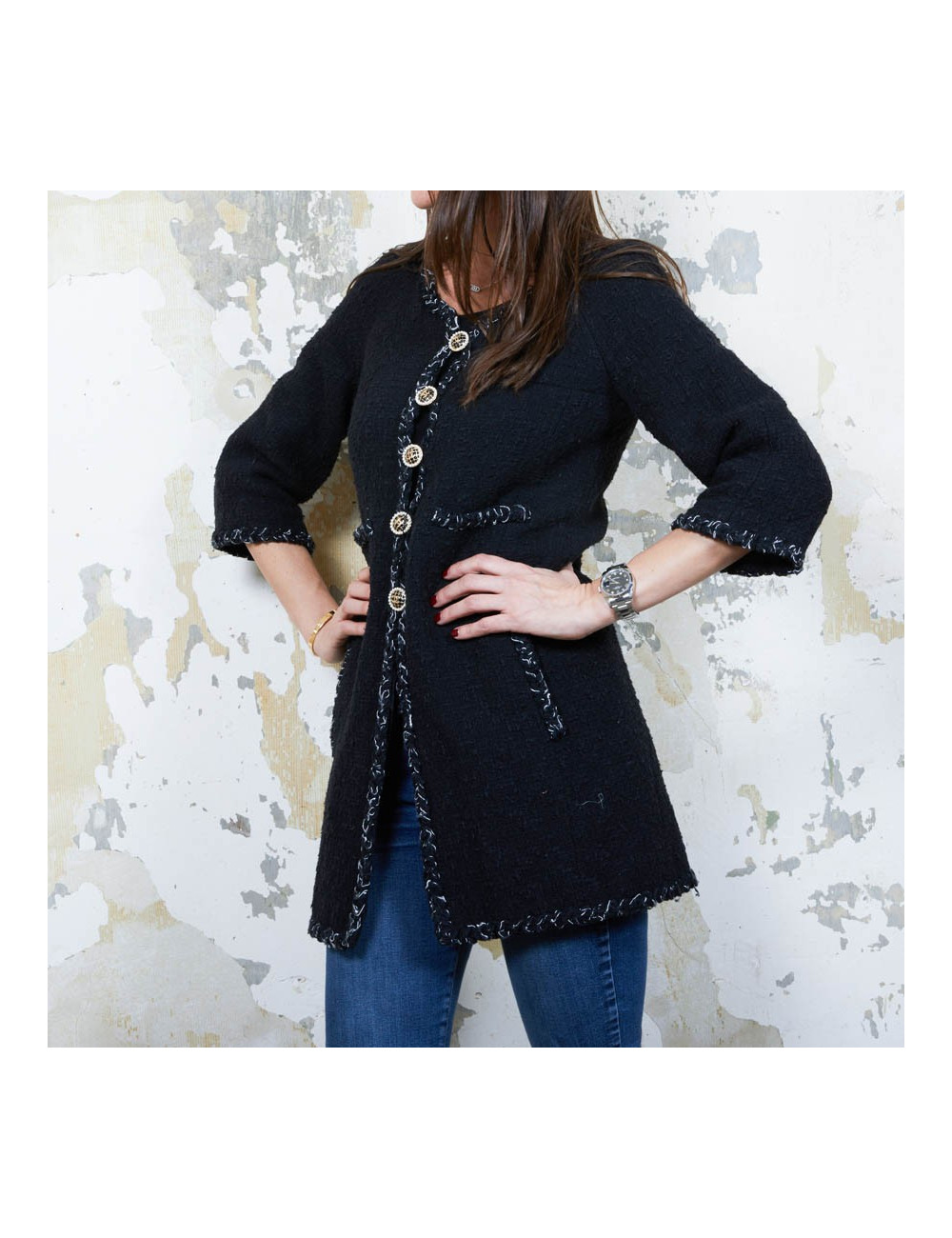 CHANEL iconic long jacket in black tweed size 34FR