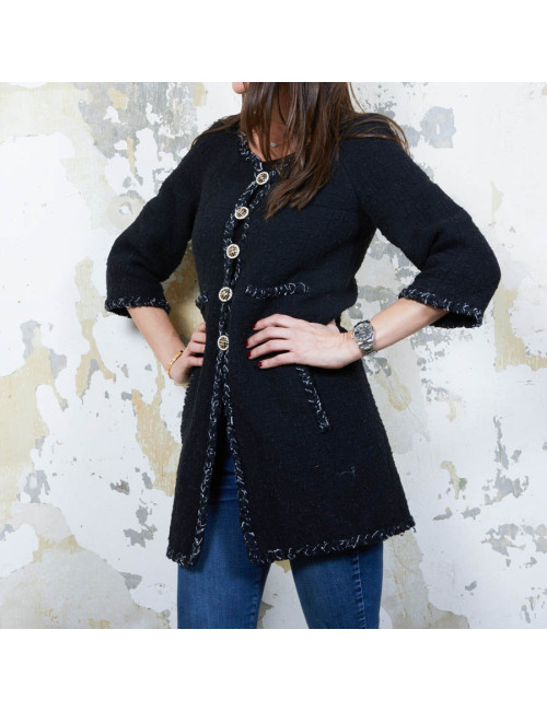 CHANEL iconic long jacket in black tweed size 34FR