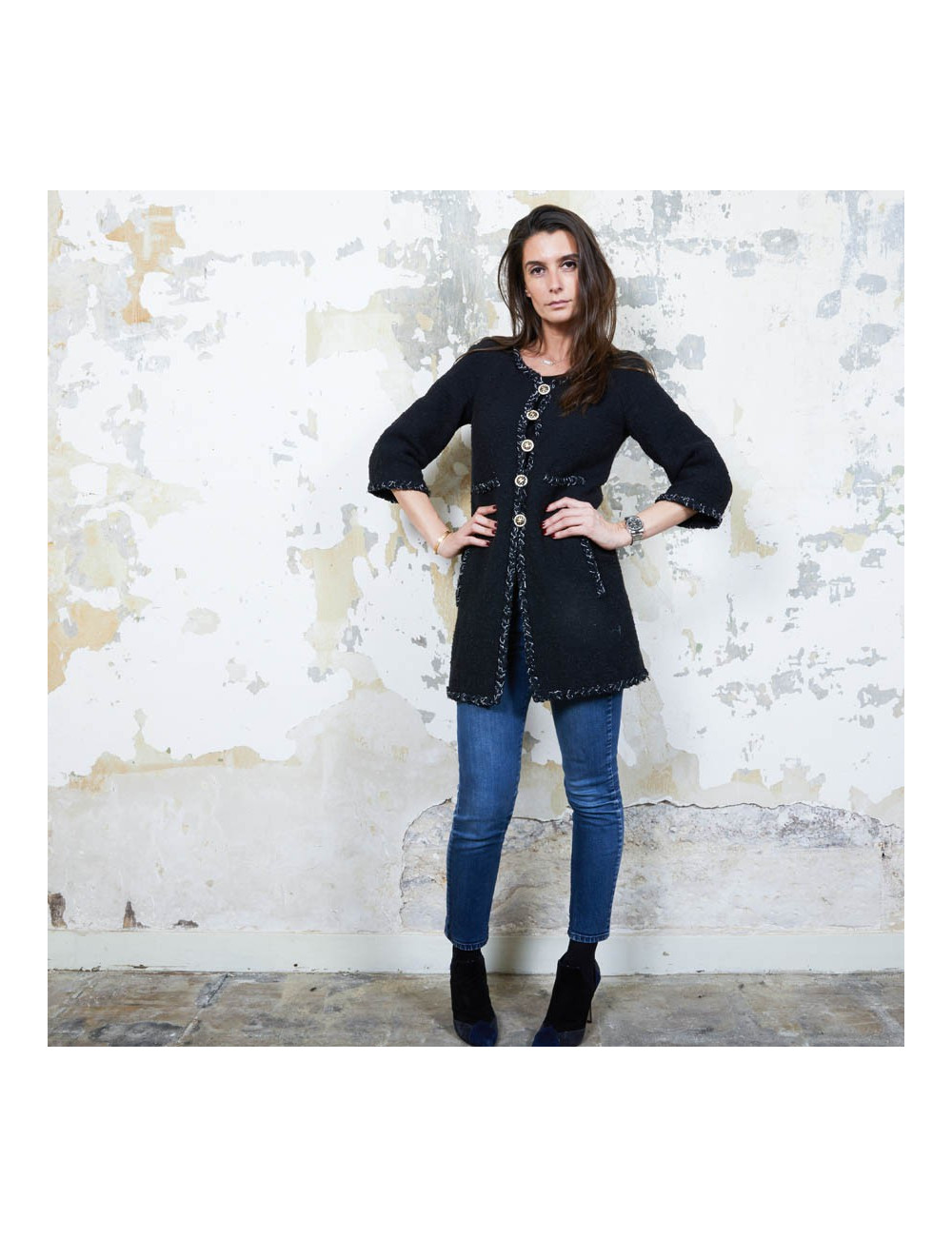 CHANEL iconic long jacket in black tweed size 34FR