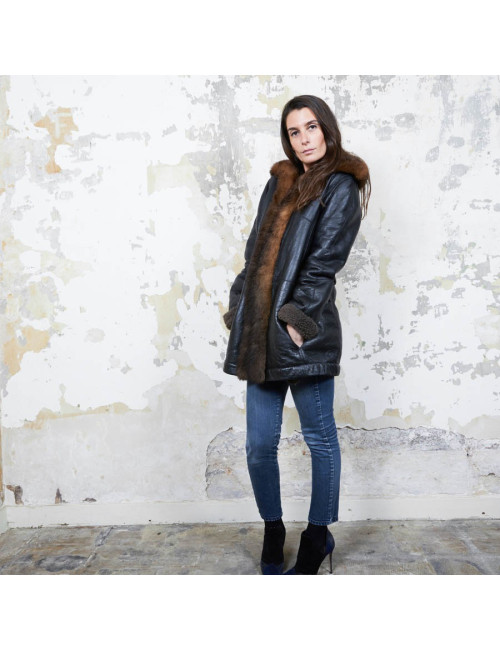 BALENCIAGA mid-length coat in brown returned lambskin leather and aged leather