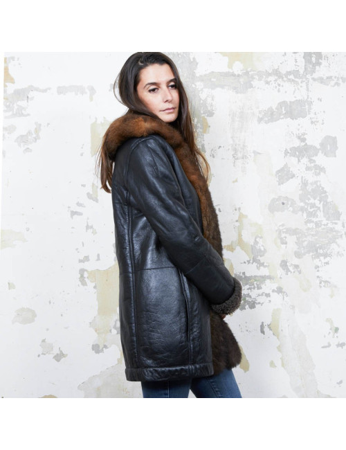 BALENCIAGA mid-length coat in brown returned lambskin leather and aged leather