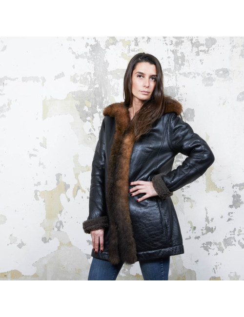 BALENCIAGA mid-length coat in brown returned lambskin leather and aged leather