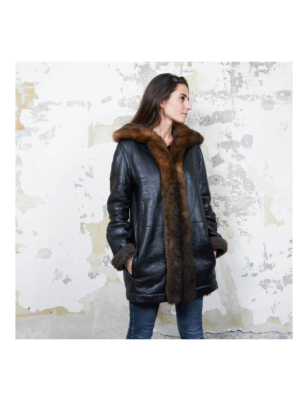 BALENCIAGA mid-length coat in brown returned lambskin leather and aged leather