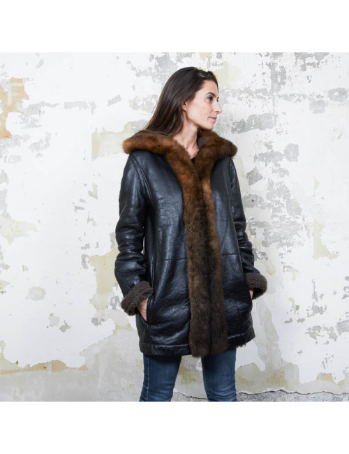 BALENCIAGA mid-length coat in brown returned lambskin leather and aged leather