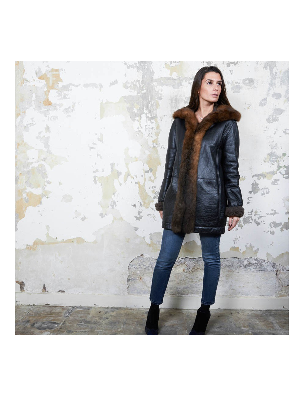 BALENCIAGA mid-length coat in brown returned lambskin leather and aged leather