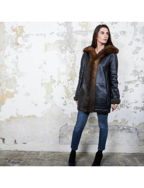 BALENCIAGA mid-length coat in brown returned lambskin leather and aged leather