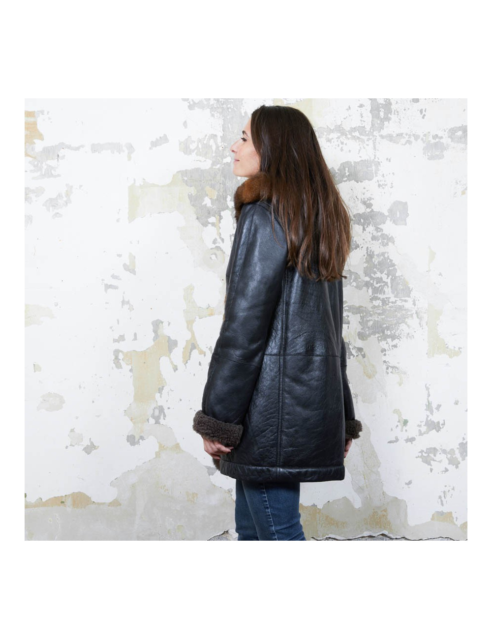 BALENCIAGA mid-length coat in brown returned lambskin leather and aged leather