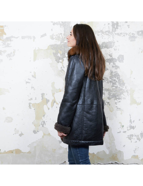 BALENCIAGA mid-length coat in brown returned lambskin leather and aged leather