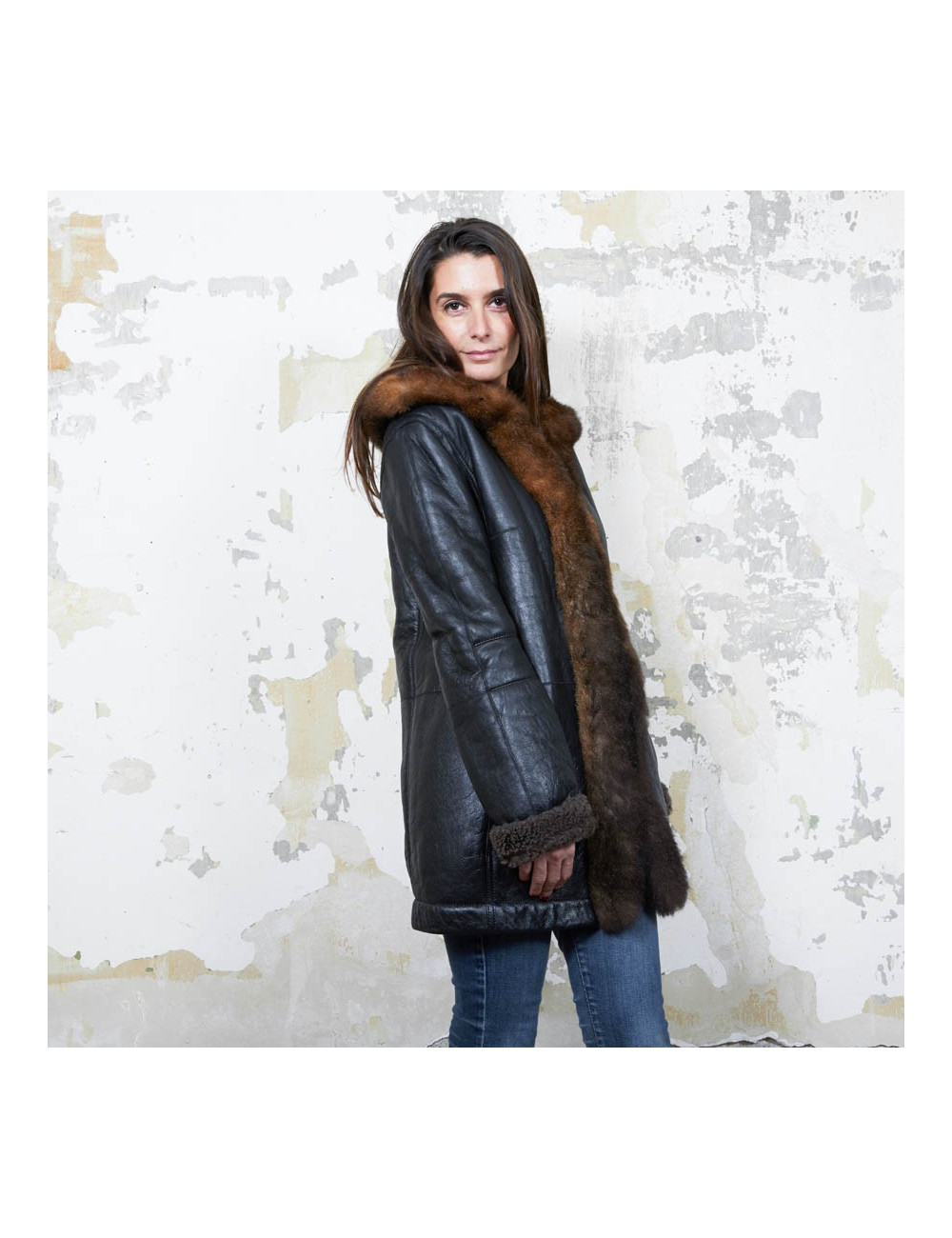 BALENCIAGA mid-length coat in brown returned lambskin leather and aged leather