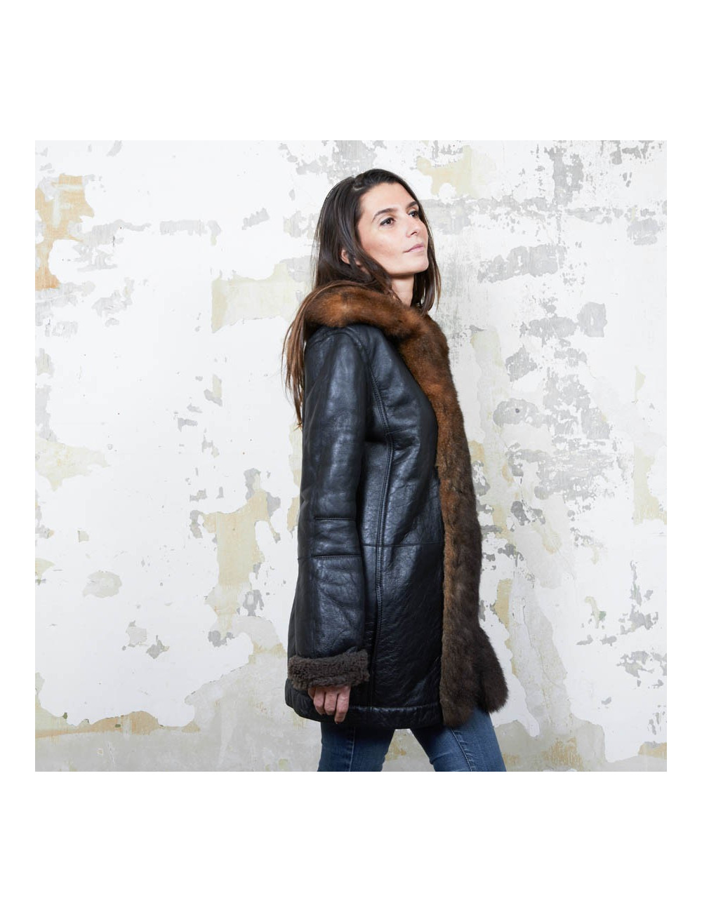 BALENCIAGA mid-length coat in brown returned lambskin leather and aged leather