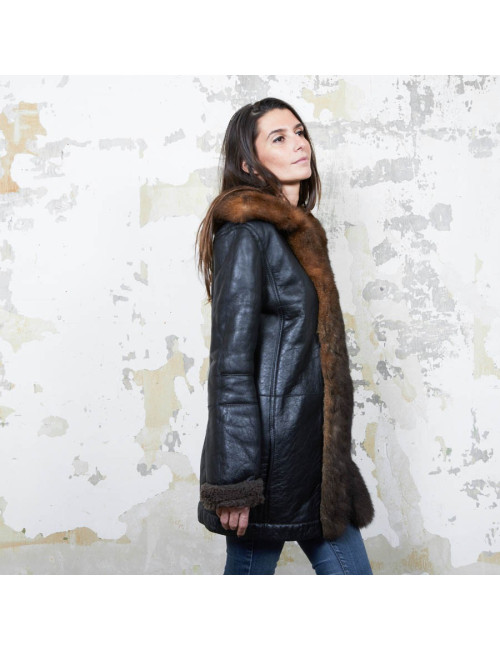 BALENCIAGA mid-length coat in brown returned lambskin leather and aged leather