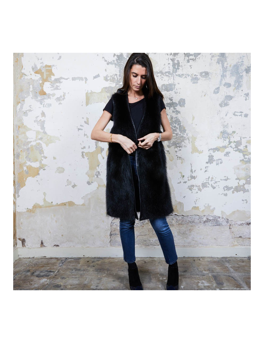 Veste longue t 40 GIVENCHY en fourrure et cuir noir