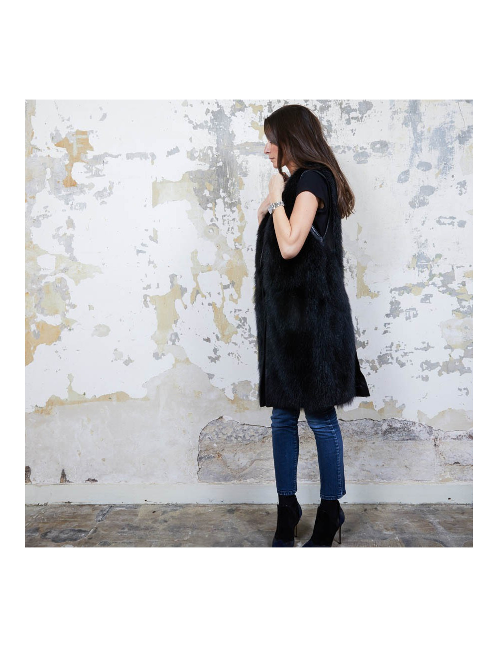 VESTE SANS MANCHES EN CUIR ET FRANGES