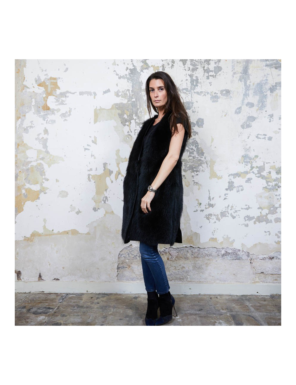 VESTE SANS MANCHES EN CUIR ET FRANGES